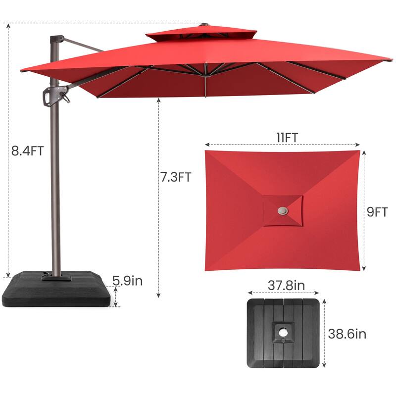 11 × 9 ft Outdoor Patio Offset Cantilever Dual Top Umbrella with 4-Piece Fillable Weighted Base