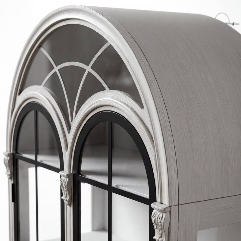 Arched Glass Door Display Cabinet with Iron Frame, Tall Curio Bookcase with Drawers, Farmhouse Storage Cabinet