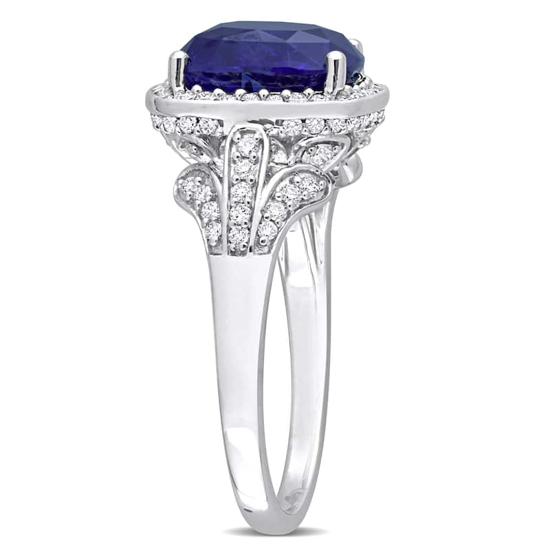 Miadora 5ct TGW Cushion Blue Sapphire and 5/8ct TDW Diamond Halo Cocktail Ring in 14k White Gold