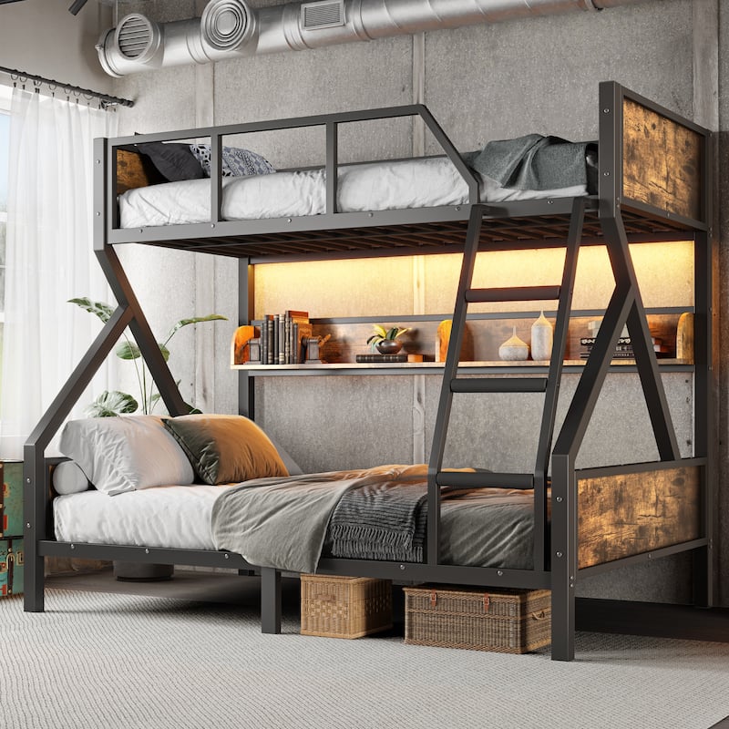 Twin XL over Queen Bunk Bed with Storage Shelves, Lights and Noise-Free Design - Black Woodgrain+Twin over Full