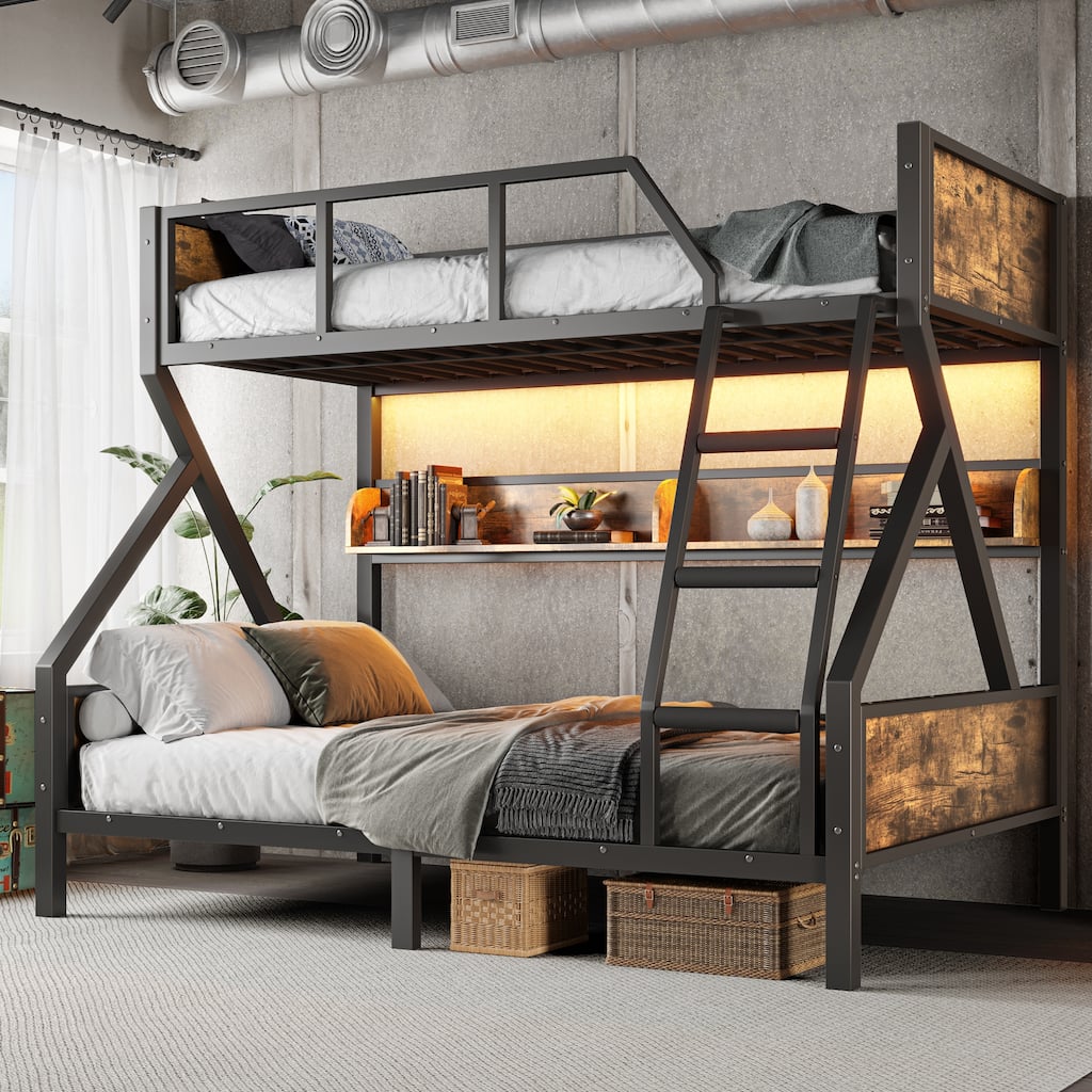 Twin XL over Queen Bunk Bed with Storage Shelves, Lights and Noise-Free Design