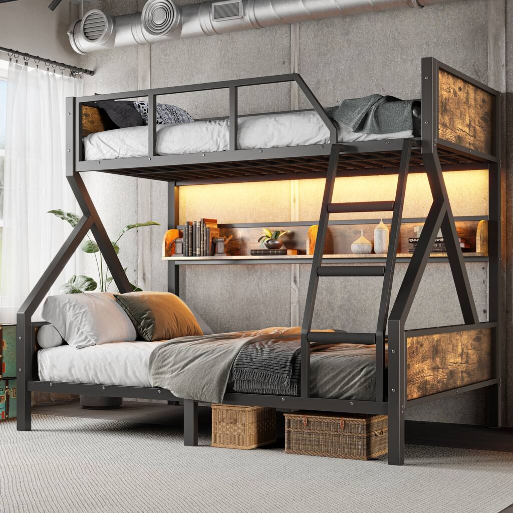 Twin over Full Bunk Bed, Metal Bunk Bed with Storage Shelves and Lights, Space-saving & Noise-free Design, Woodgrain