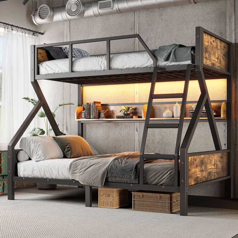 Woodgrain Accents Black Metal Bunk Bed Frame with Built-in Storage Shelves and LED Light Strip for Guest Rooms, Dorms - Black - Full