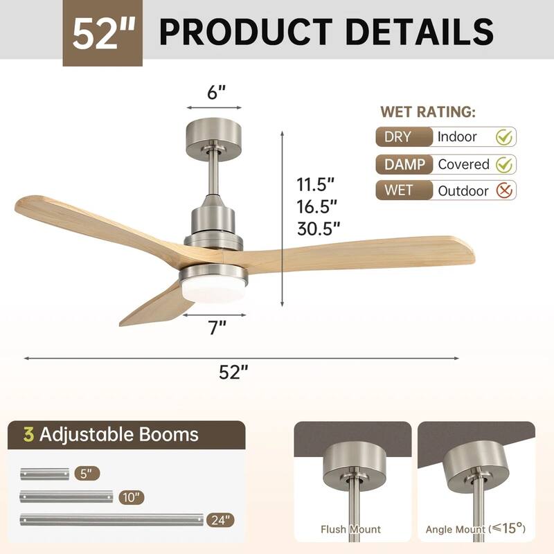 52 Inch Remote Ceiling Fans with Lights Modern Solid Wood Outdoor Ceiling Fan for Bedroom Living Room Indoor Farmhouse