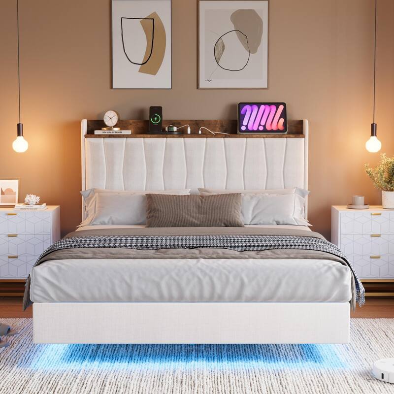 Full/Queen/King Floating Bed Frame with LED Lights & Charging Station, Upholstered Platform Bed with Storage Headboard