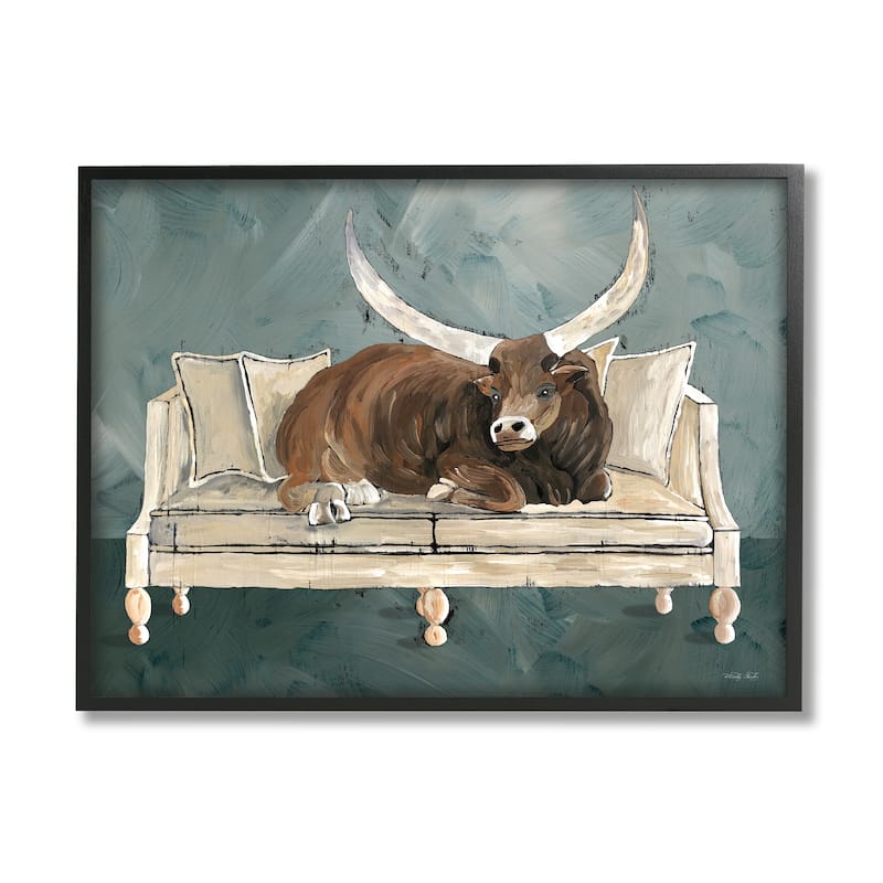 Stupell Longhorn Bull Laying Living Room Couch Green Gray Framed Wall Art - 20 x 16 - Black