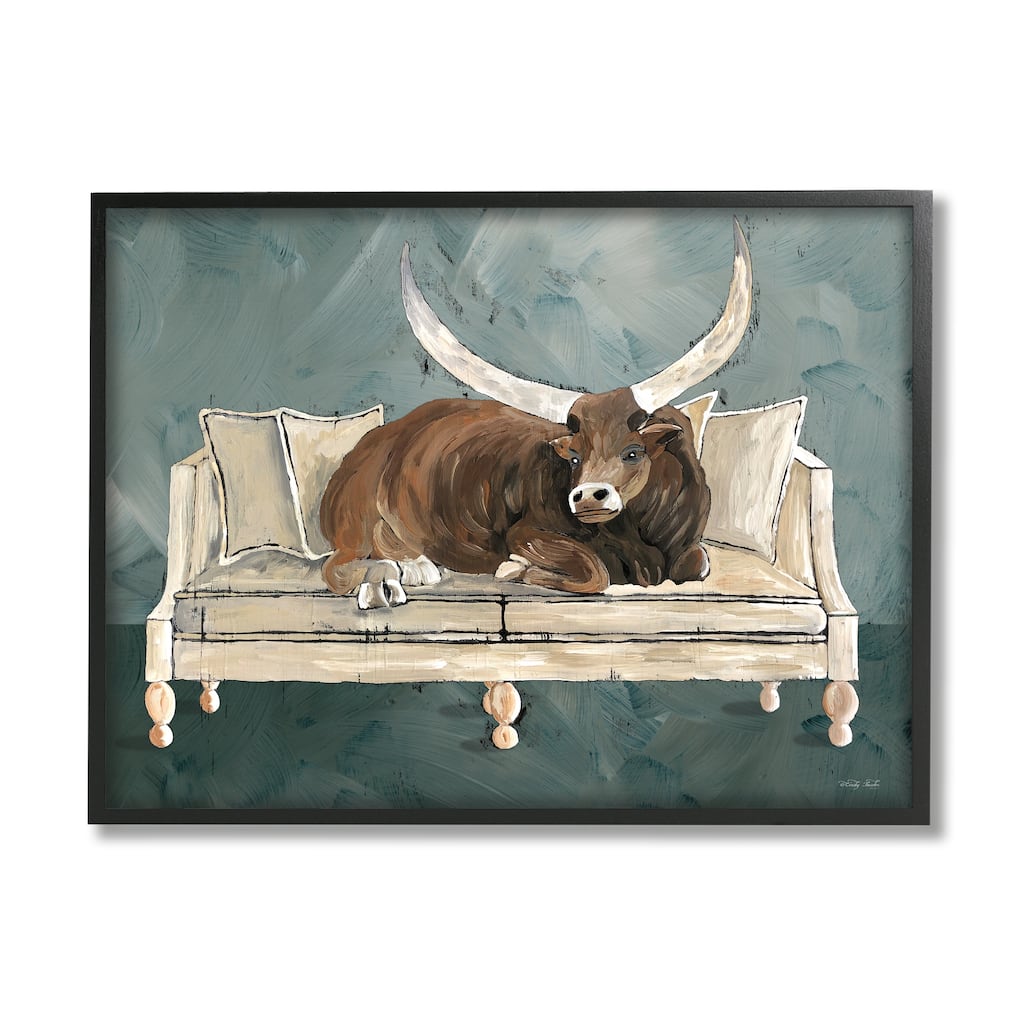 Stupell Longhorn Bull Laying Living Room Couch Green Gray Framed Wall Art