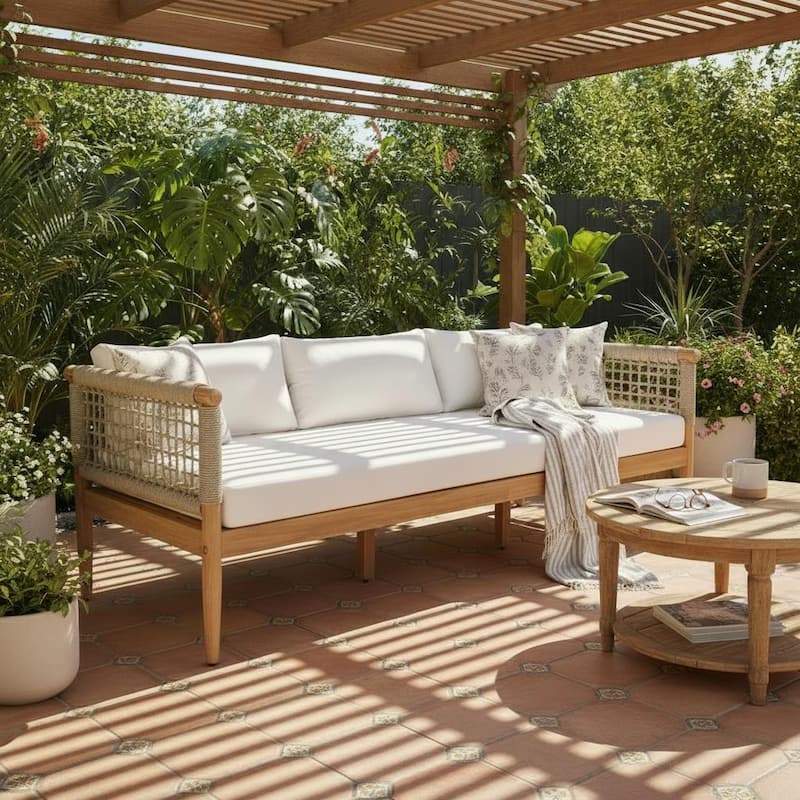Christopher Knight Home - Outdoor Acacia Wood 3-Seater Sofa with Rope Arms and Cushions - Beige,Light Teak