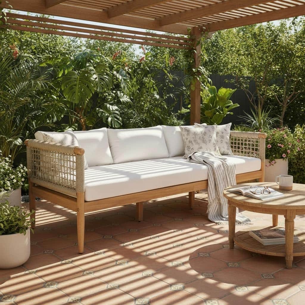 Christopher Knight Home - Outdoor Acacia Wood 3-Seater Sofa with Rope Arms and Cushions