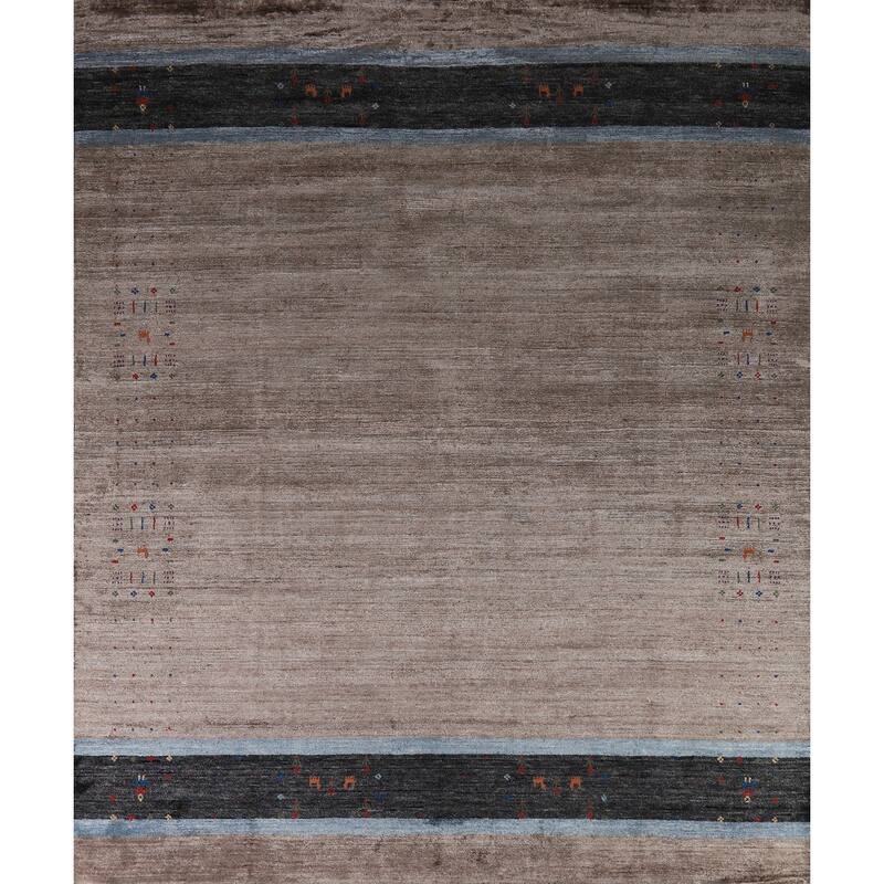 Hand Knotted Oriental Viscose Silk Carpet Tribal Stripe Greys & Charcoal Gabbeh Area Rug - 9' 7'' X 8' 5''