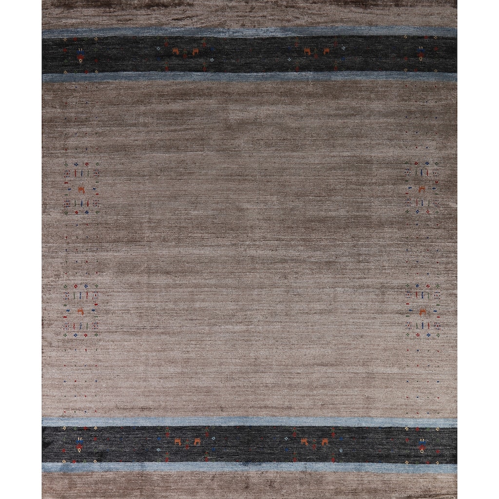 Hand Knotted Oriental Viscose Silk Carpet Tribal Stripe Greys & Charcoal Gabbeh Area Rug - 9' 7'' X 8' 5''