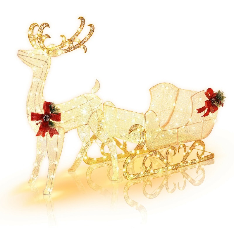 Lighted Reindeer and Sleigh Christmas Yard Decoration with 215 LED Lights for Outdoor Display - Gold