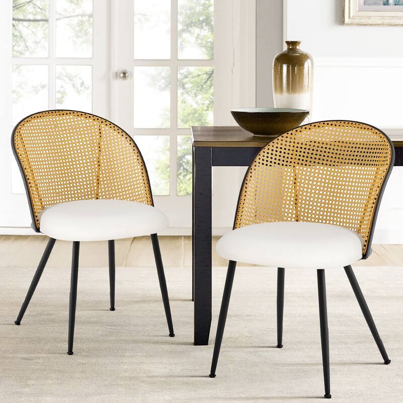 Modern Upholstered Rattan Dining Chairs Set of 2/4 - Set of 2 - PU-White-Natural Back