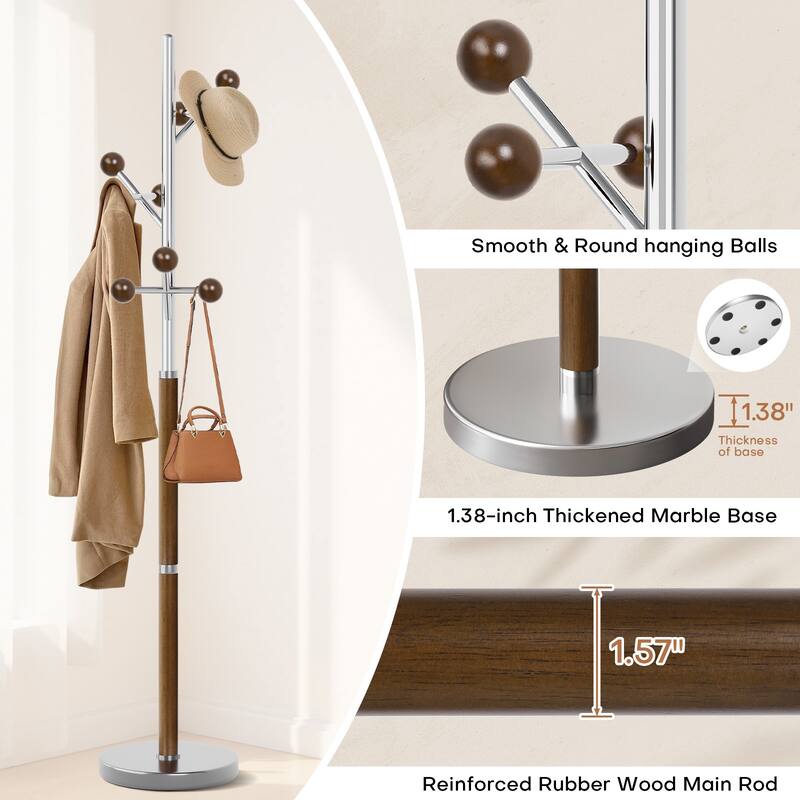 Coat Rack Freestanding, Metal Coat Tree with 8 or 9 Hooks and Heavy Duty Marble Base - 71.26”H x 14.96”W