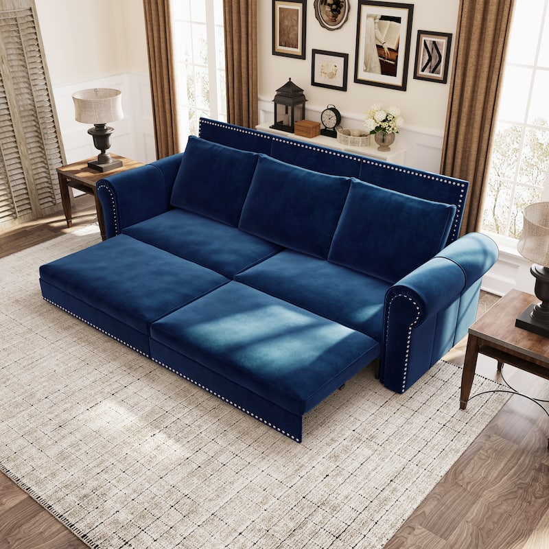 93.7" King Pull Out Sofa Bed w/ Nailhead Trim & Rolled Arm for Living Room Bedroom - Blue