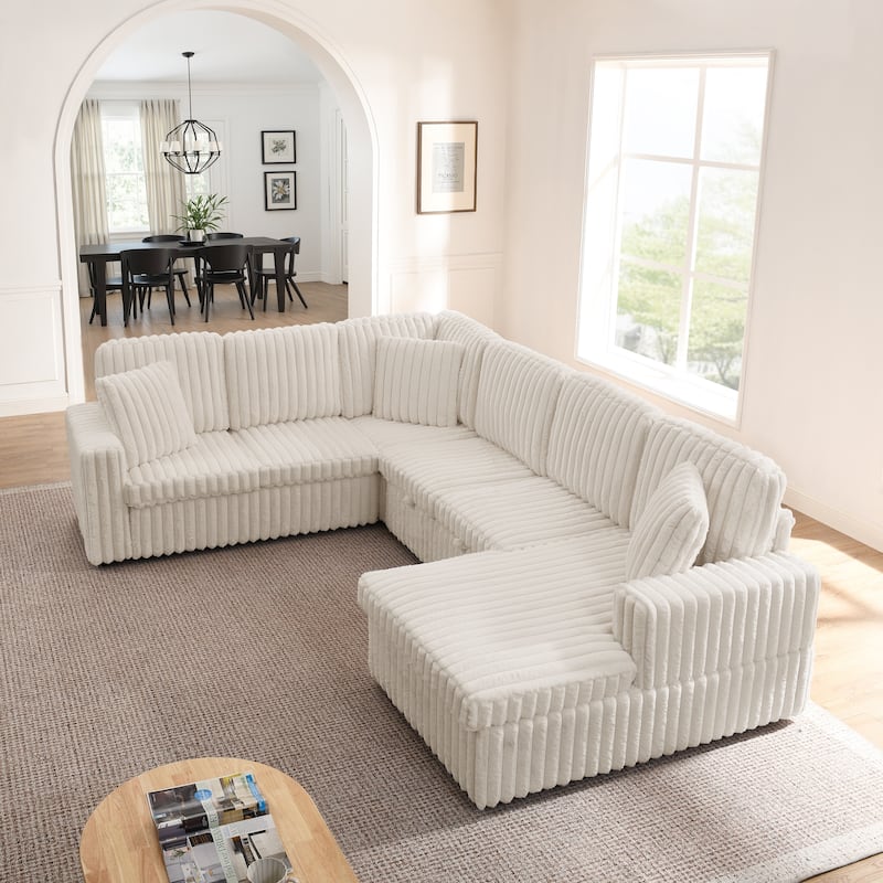 Corduroy Upholstered Reclining Sofa U-shaped Sleeper Sectional Couch with Pull Out Bed, Storage Chaise and Adjustable Backrests