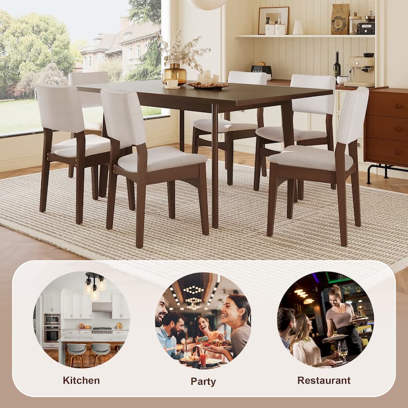 7-Piece Modern Dining Set: Rectangular Solid Wood Table & 6 Upholstered Linen Chairs, Dining Room Set