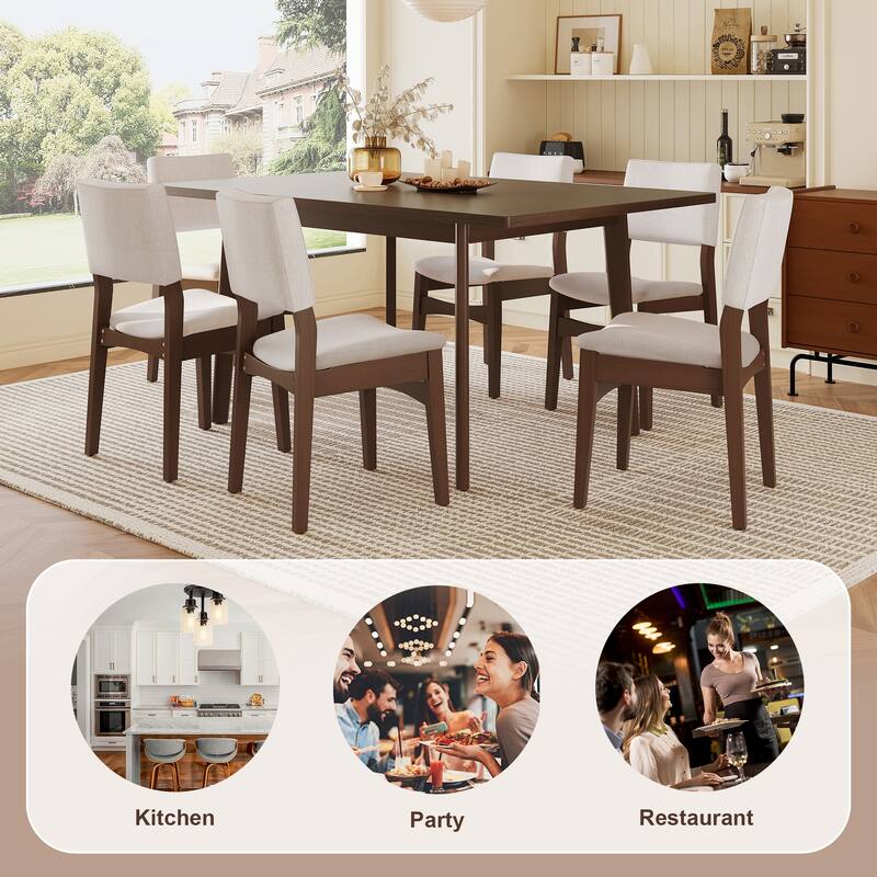 Rossetta 7-Piece Farmhouse Retro Dining Set with Rectangular Wooden Finish Table and Upholstered Linen Chairs