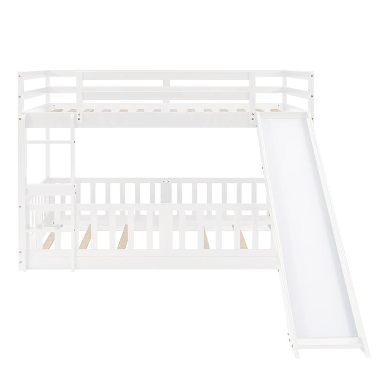 White Twin Over Twin Bunk Bed with Slide and Ladder, Space-Saving Design