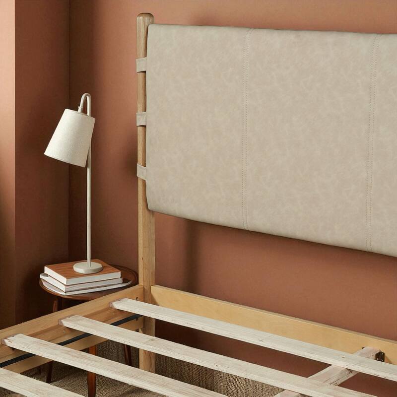 Mid Century Modern Queen/King Rubber Wood Platform Bed Frame with Headboard, Solid Wood Bed No Box Spring Needed