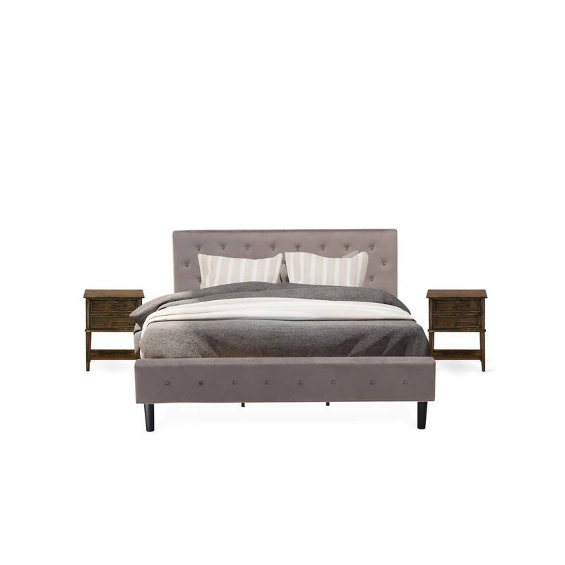 3-Piece Bed Set - Velvet Upholstered Platform Bed with Nightstand