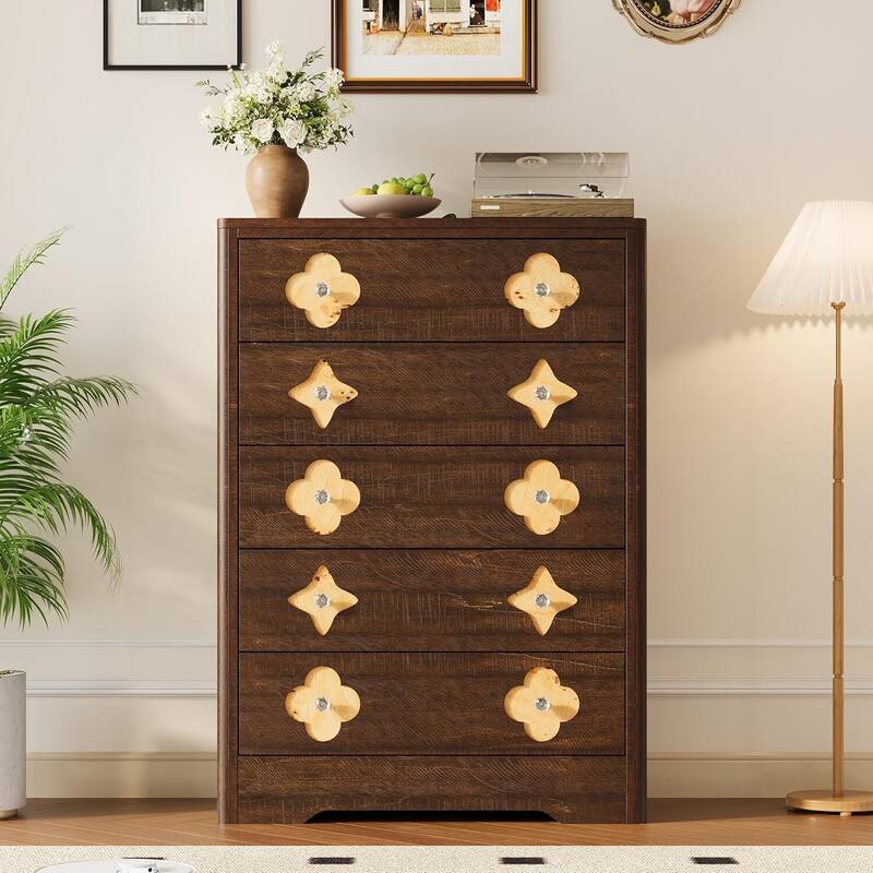 Fluted 5 Drawer Tall Dresser for Bedroom, Living Room, Hallway - Brown