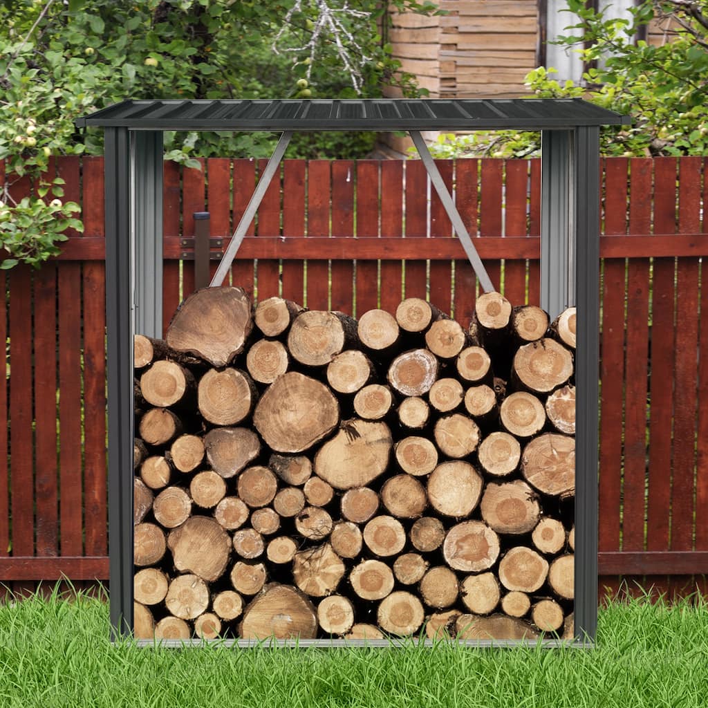 GDF Studio - Luray Outdoor Metal Firewood Rack with Sloped Roof and Open Airflow Design