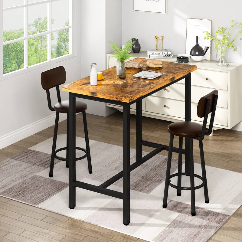 2 - Person Breakfast Nook Dining Set, Rectangular Pub Bistro Table and 2 Upholstered Chairs with Back for Home Kitchen - Rustic Brown / Black
