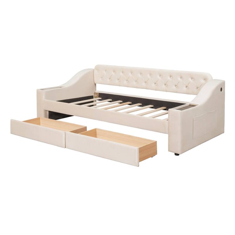 Twin Size Upholstered Daybed w/ 2 Storage Armrests, Drawers, USB Ports