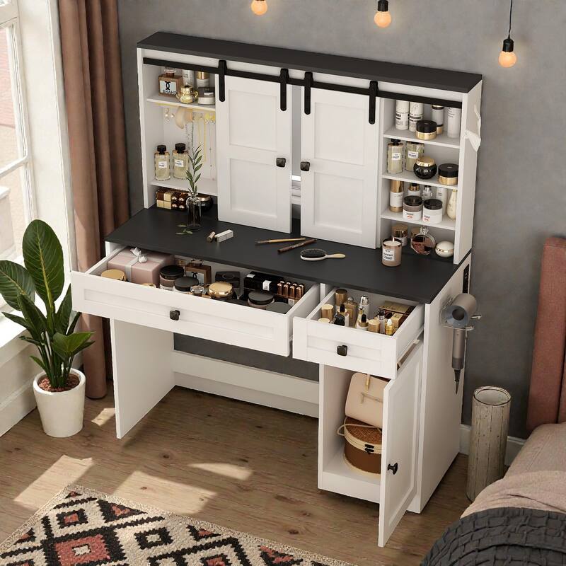 43 Inch Farmhouse Makeup Vanity Table with Lighted Mirror, Storage Drawers and Hair Dryer Holder for Bedroom