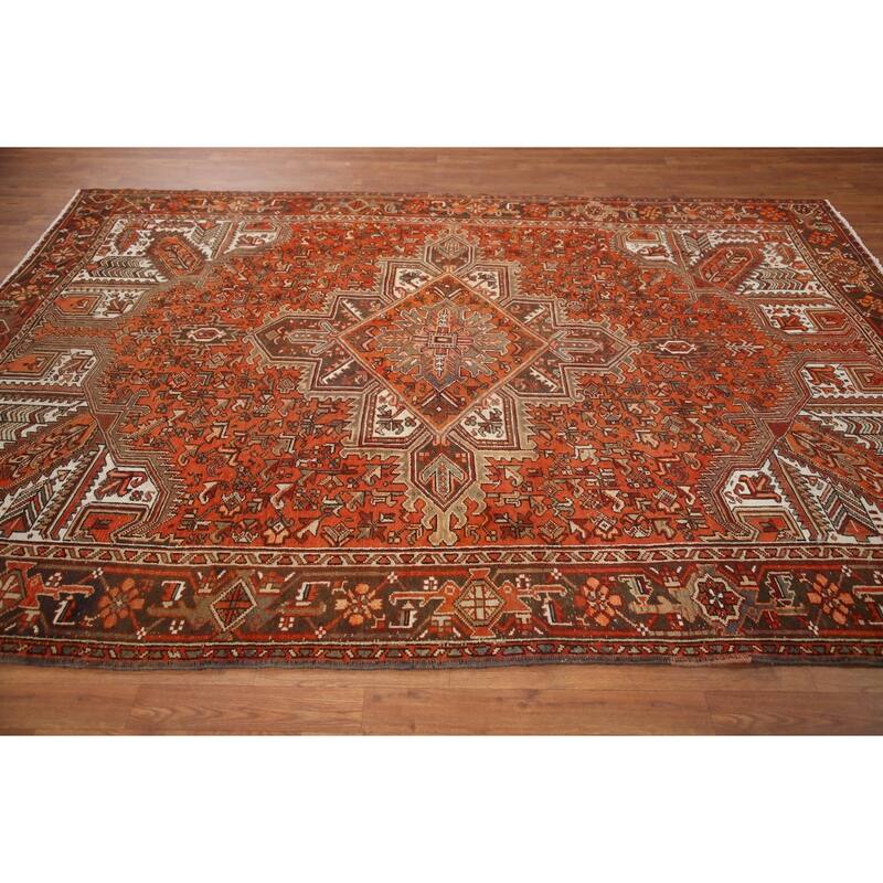 Hand Knotted Oriental 100% Wool Carpet Traditional Medallion Oranges & Rust Heriz Area Rug - 9' 6'' X 6' 10''