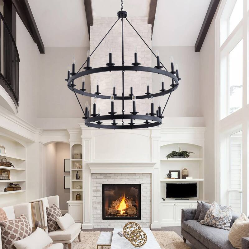 Black 28-Light Wagon Wheel Industrial 2-Tier Candle Style Chandelier