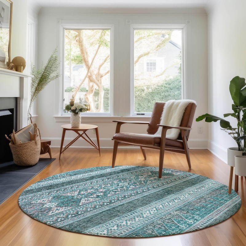 Premium Washable Super Soft Boho Stripe Mayfield Rug - Teal - 8' x 8' - Round