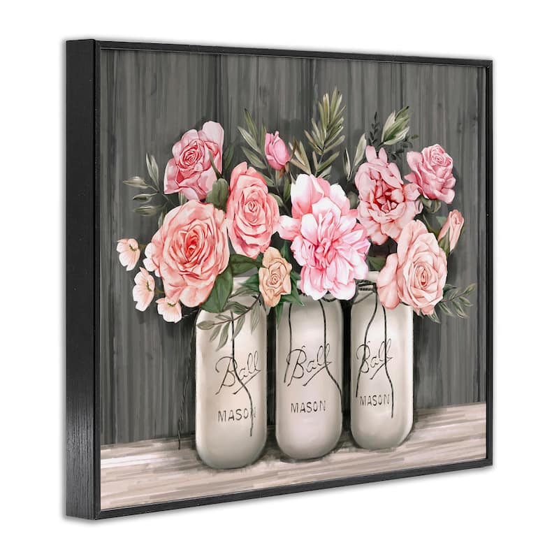Stupell Blossoming Pink Rose Bouquets Rustic Country Jars Framed Wall Art