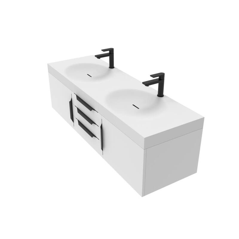 Thames 60" Shallow Basin Wall Mounted Bathroom Vanity Set w/ White Top
