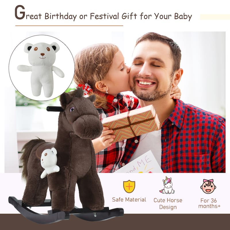 Plush Rocking Horse with Bonus Bear Toy and Sound for Toddlers Wooden Base - 25.5" L x 10.25" W x 21.75" H