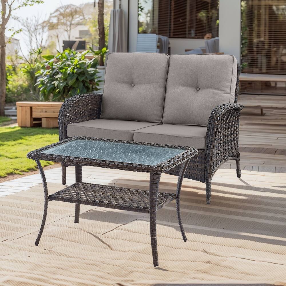 Patio Sofa Outdoor Loveseat with Coffee Table - Brown