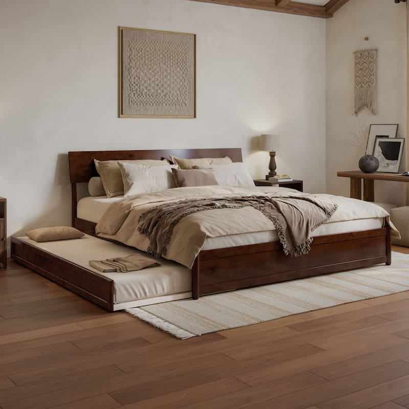 Norla Wood Platform Bed with Trundle - Walnut - King