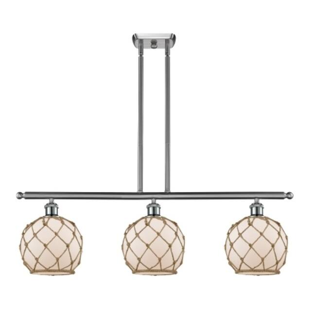 Innovations Lighting Farmhouse Rope 3 Light 36" Wide Linear Chandelier - Brushed Satin Nickel / White Glass with Brown Rope
