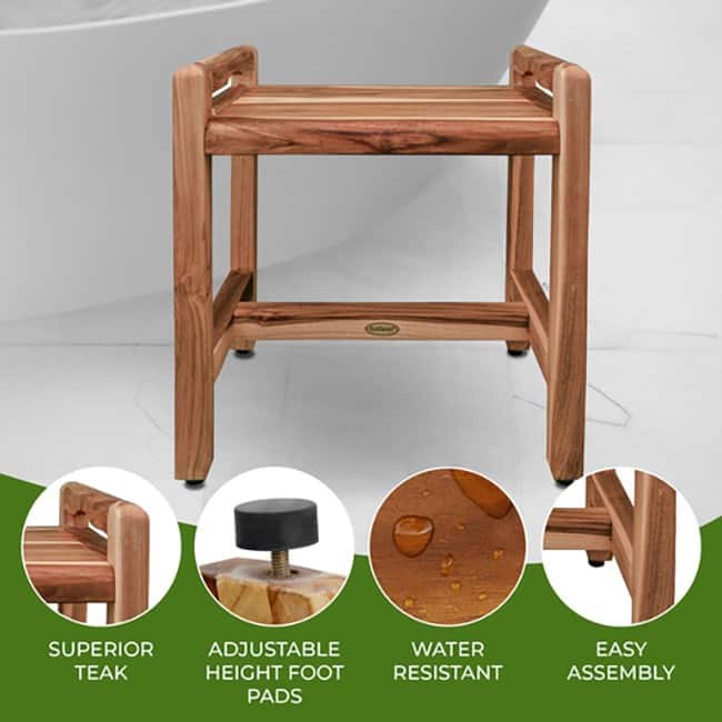 EcoDecors Eleganto EarthyTeak 20" Teak Shower Bench, LiftAide Arms