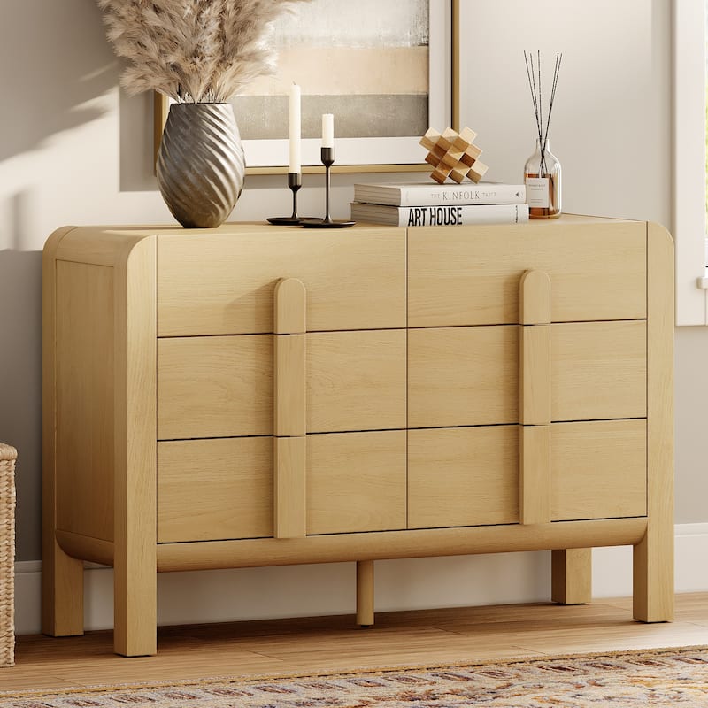WAMPAT Mid Century Wood 6 Drawer Dresser For Bedroom, Modern Chest Of Drawers With Curved Profile Design