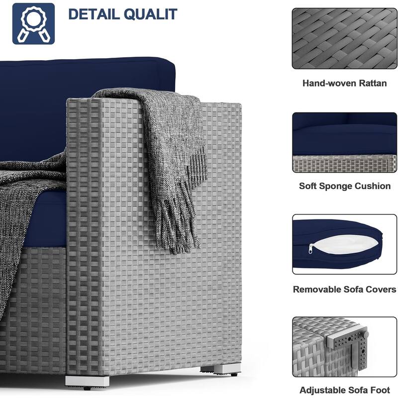 7-piece Outdoor Patio Grey Wicker Rattan Cushioned Sectional Sofa Conversation Set