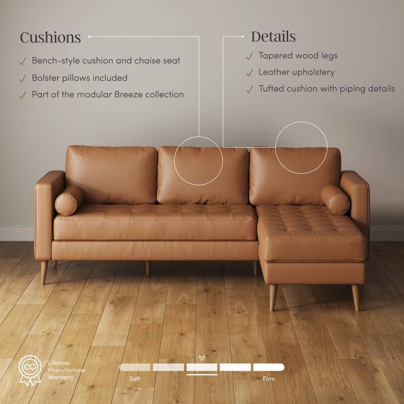 Breeze Mid Century Modern Sofa, Leather Couch with Tufted Cushion and Solid Wood Frame