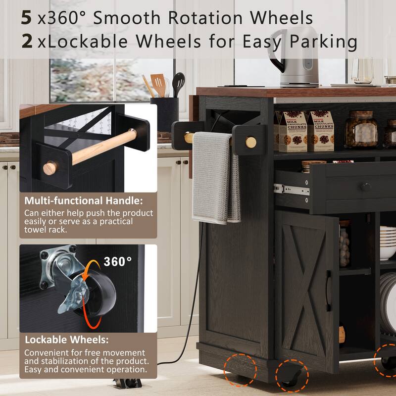 46.5'' Farmhouse Kitchen Island with Drape of Beads, Power Outlet, Drop Leaf, Rolling Wheels, 3 Doors and 3 Drawers