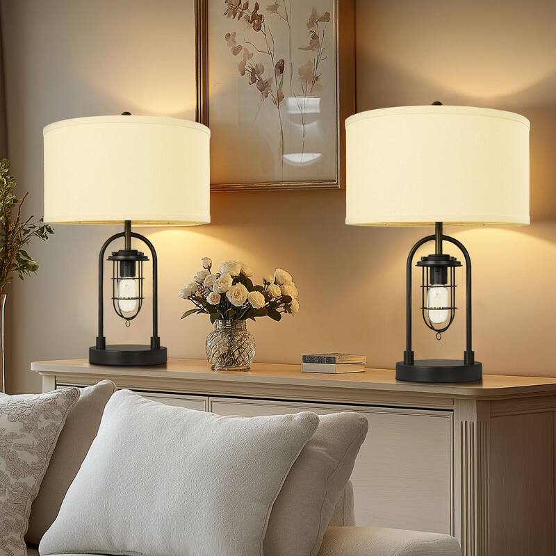 Metal Table Lamp With Night Light Linen Shade Set of 2