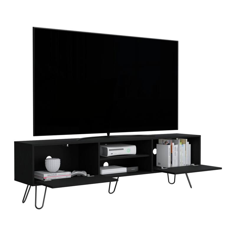 Stylish TV Console with Hairpin Legs, Hinged Storage Drawers & Open Middle Shelves, 55-Inch TV Stand for Living Room