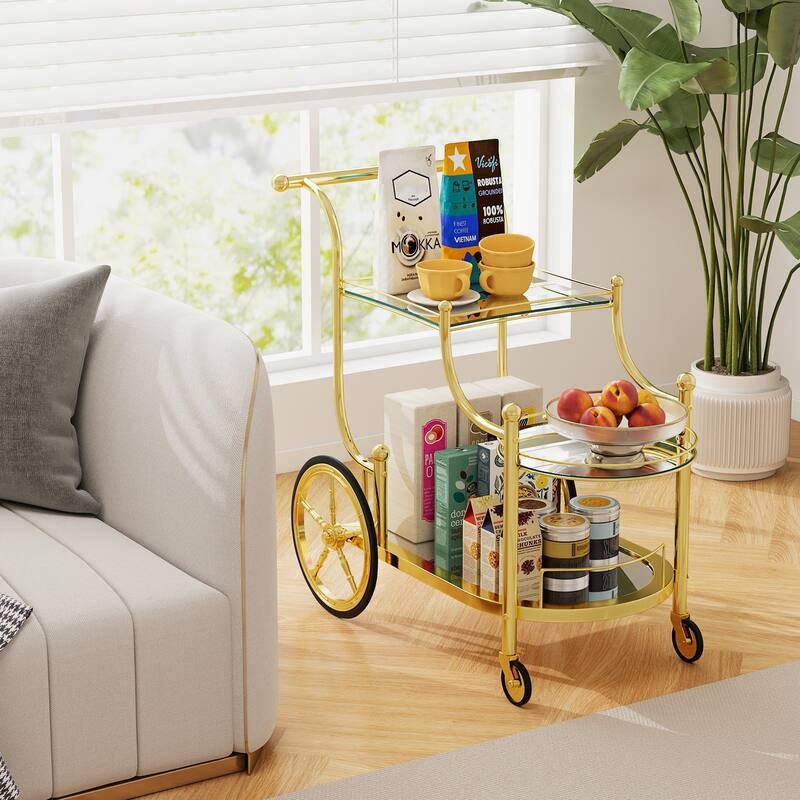 Gymax 3-Tier Home Bar Serving Cart on Wheels w/ Mirrored Shelves for