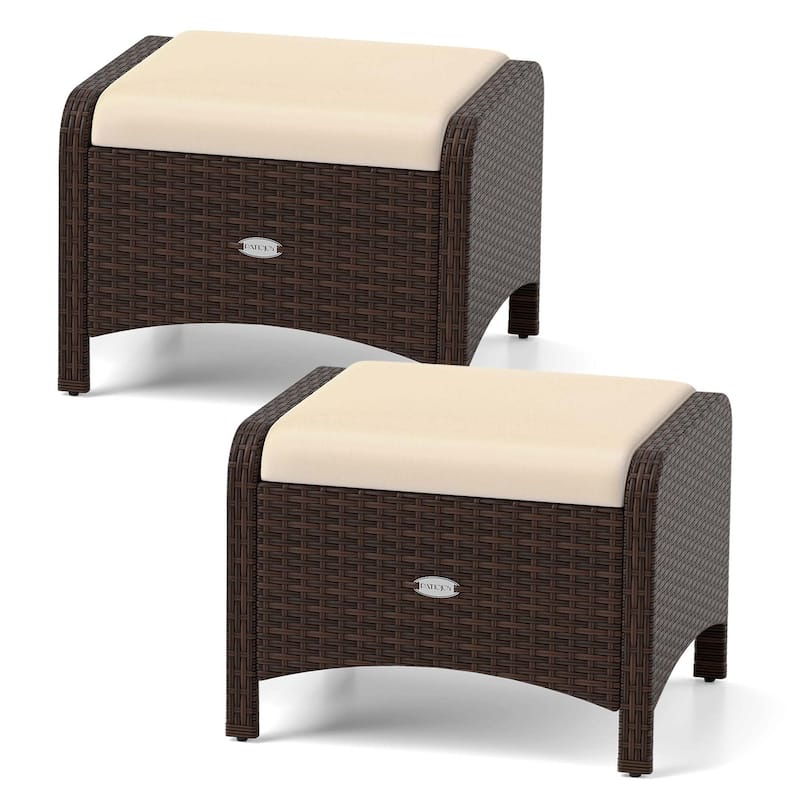 Patiojoy 2 Pieces Outdoor Patio PE Wicker Ottomans with Removable - See Details - Beige