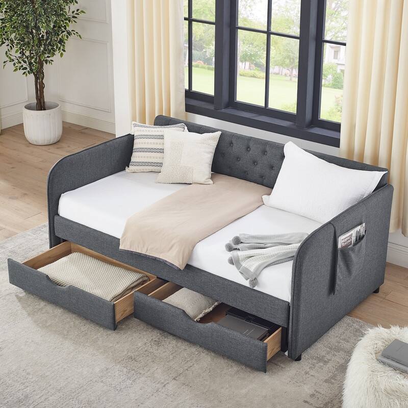 Twin Size Upholstery Daybed w/Trundle Bed and 2 Drawers , Flat Arms with Pocket