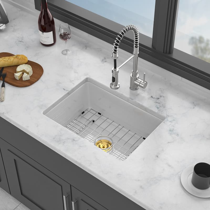 24" Undermount Single Bowl Ceramic Kitchen Sink in White - 24'' x 18'' x 9''